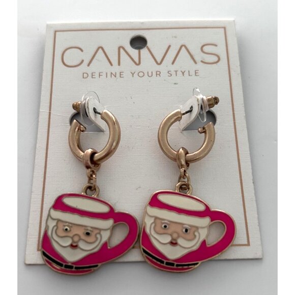 Santa Coffee Mug Dangle Earrings By Canvas Gold-Tone Red Enamel Festive Holiday - Picture 1 of 4
